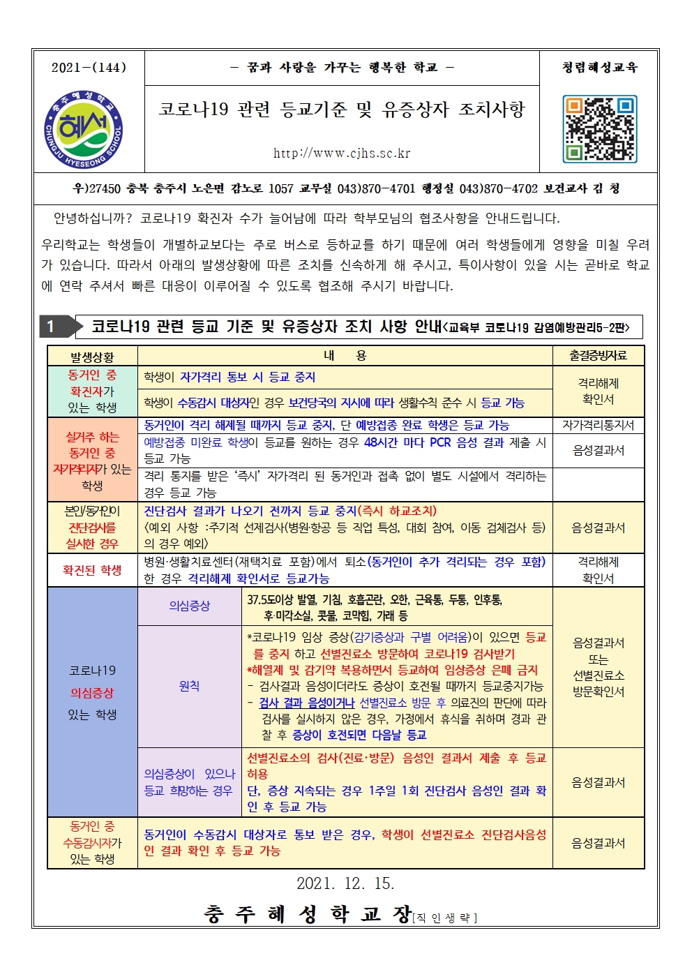 코로나19 관련 등교기준 및 유증상자 조치사항 안내(2)001